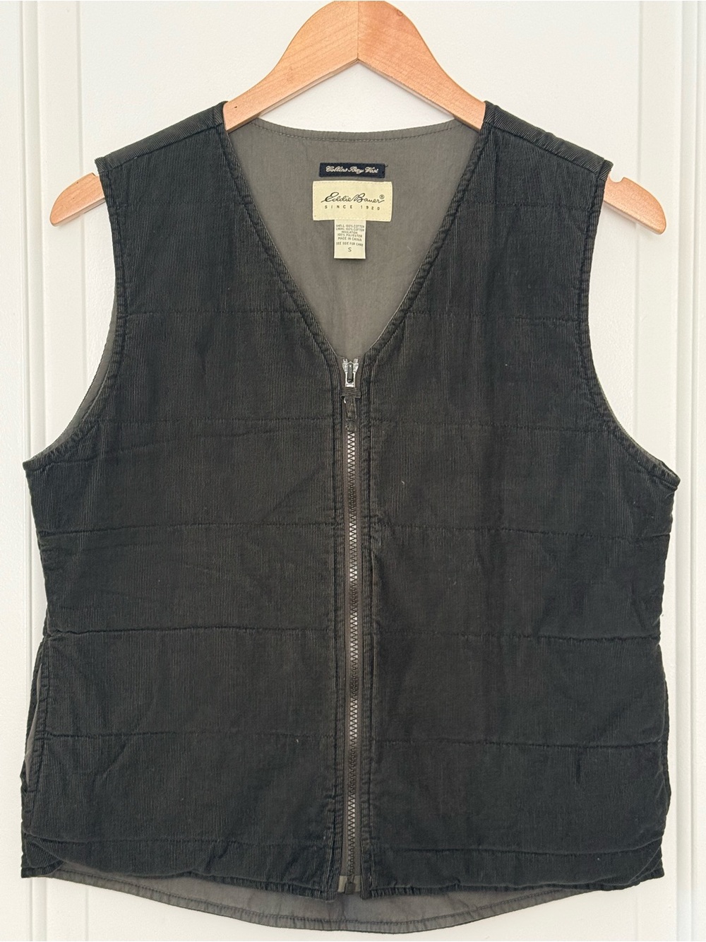 Eddie Bauer Olive Green Corduroy Quilted Zip Vest